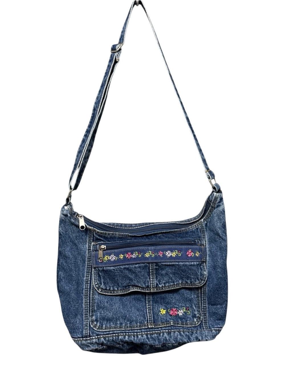 Vintage 90s Denim Purse Floral Embroidered Pockets Hobo Shoulder Bag Adjustable